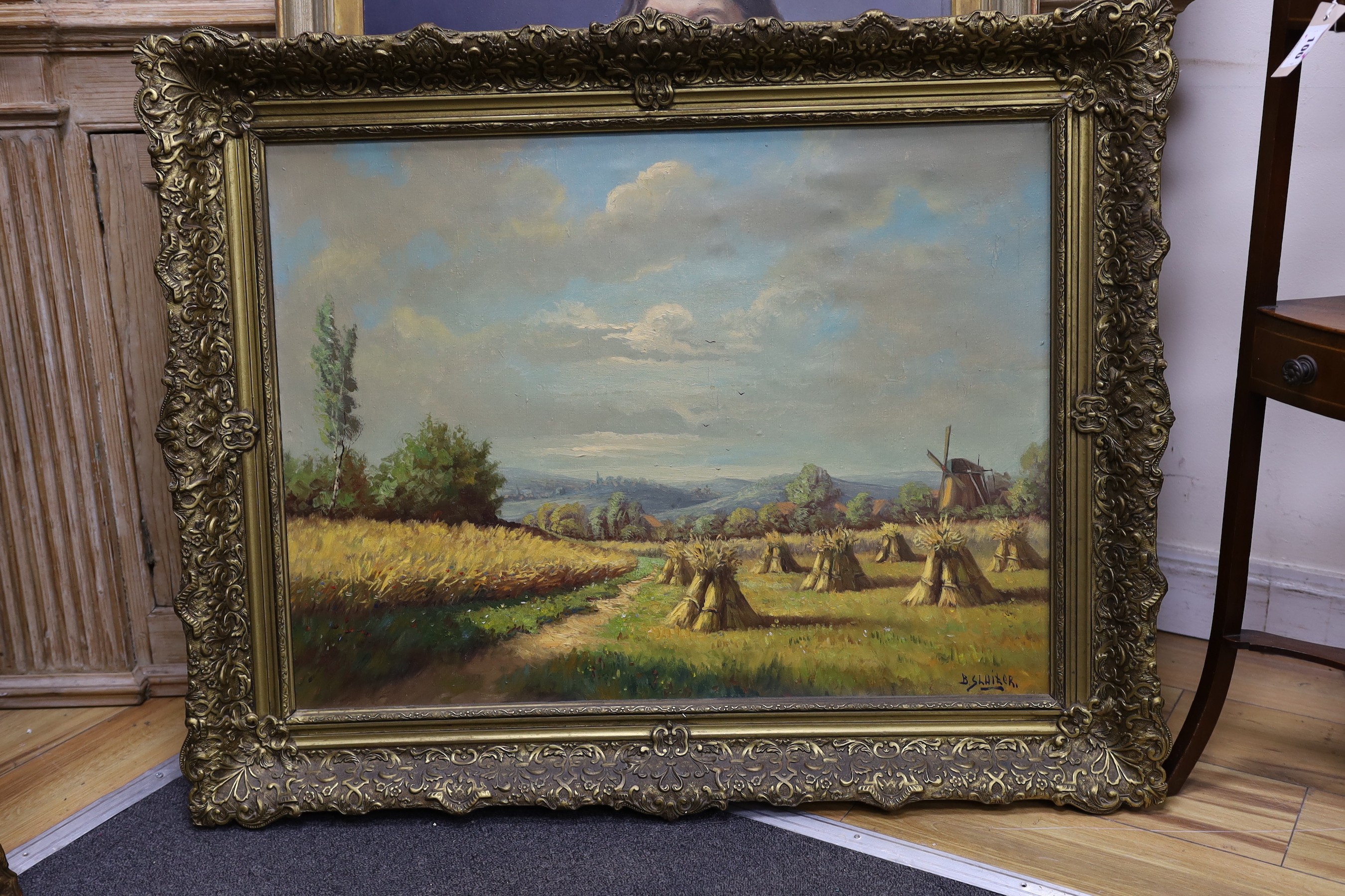 B. Sluiter, oil on canvas, Landscape with harvest field, signed, 59 x 79cm